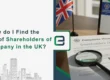 UK Companies House shareholder details form with magnifying glass, pen, and UK flag.